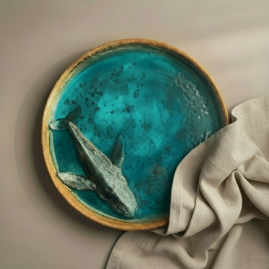 Dekoratyvinis padėklas su jūros mėlio atspalviais ir bangų motyvais