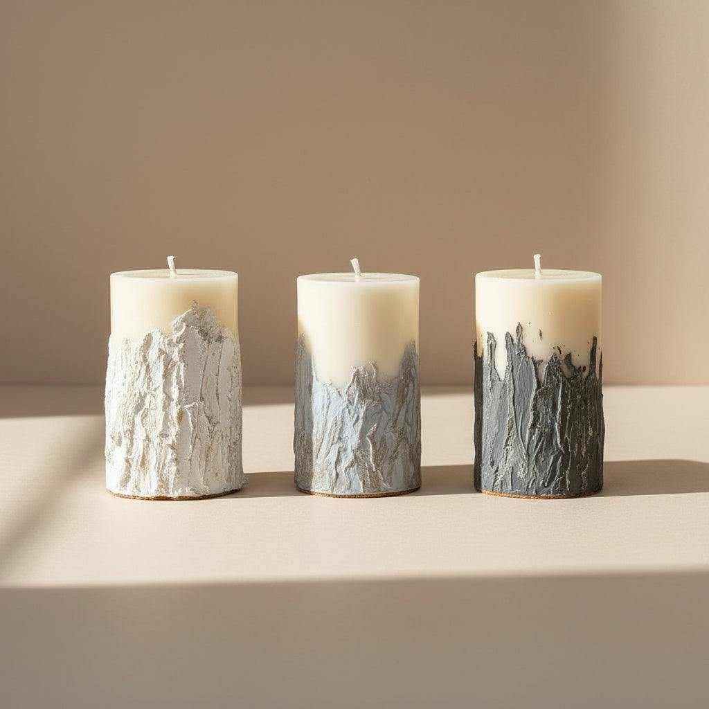 Betoninė žvakė su sojų vašku ir rankų darbo tekstūruotu betono pagrindu trijų spalvų rinkinyje