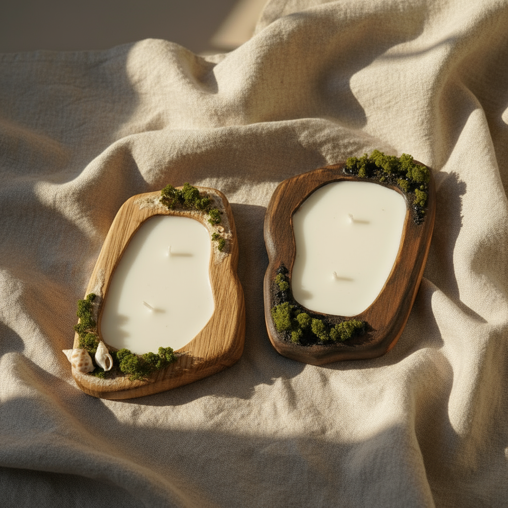 Rankų darbo Žvakė "Jūros Krantas" su natūraliu mediniu pagrindu ir samanų dekoracijomis.