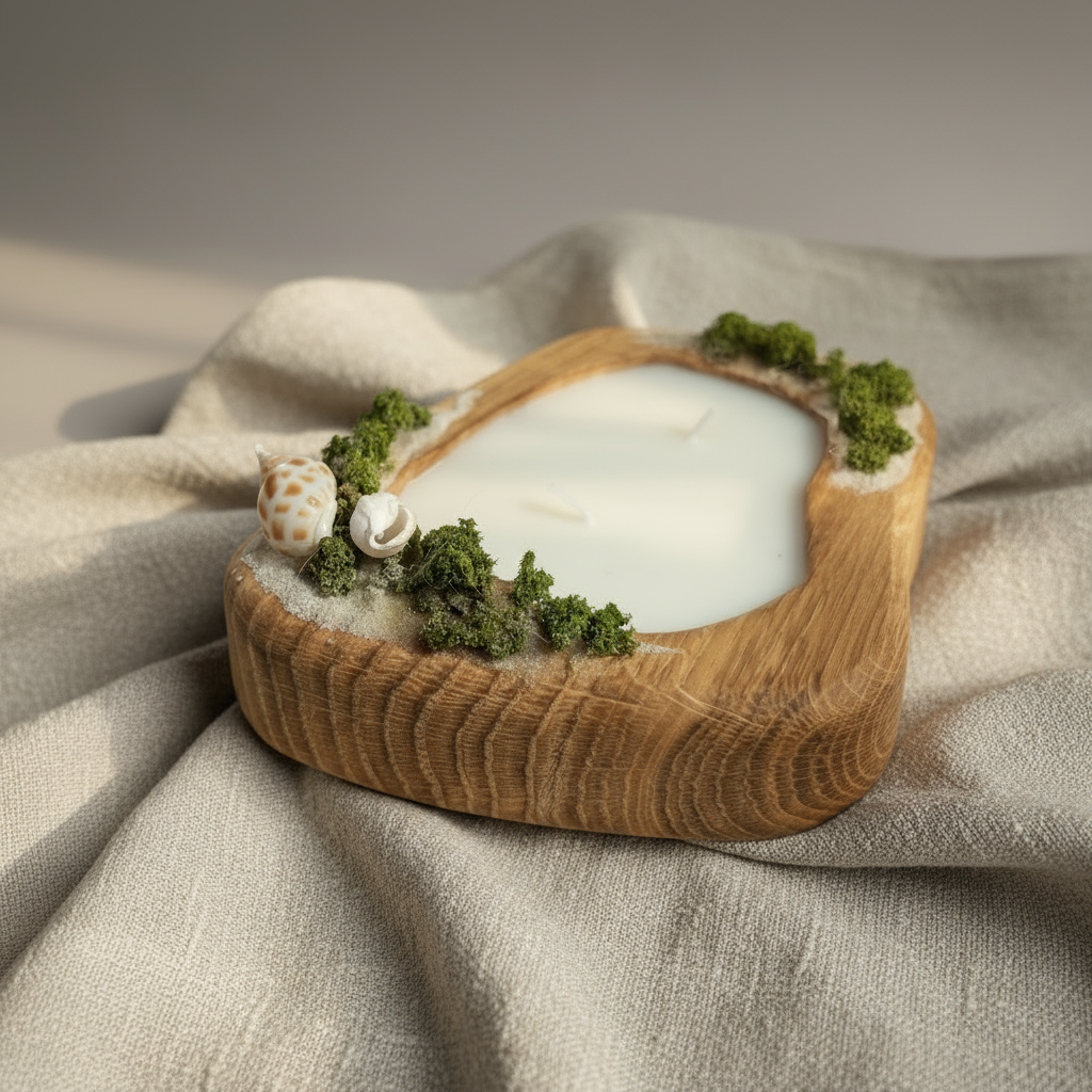 Rankų darbo sojų vaško žvakė „Jūros Krantas“ mediniame inde su smėliu ir dekoratyvinėmis detalėmis.