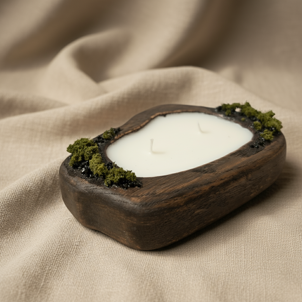 Rankų darbo Žvakė "Jūros Krantas" iš sojų vaško su mediniu pagrindu ir dekoratyviu samanų akcentu