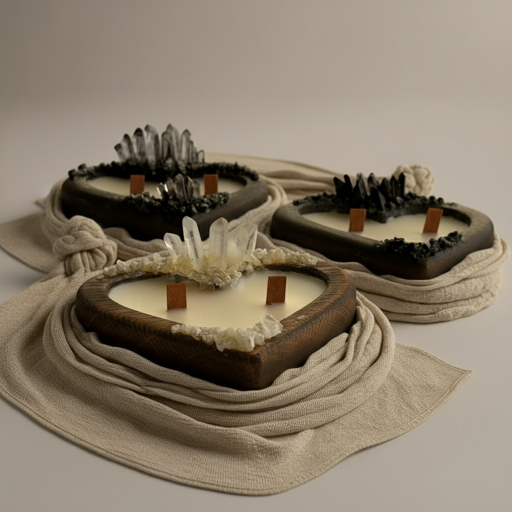 Širdies formos medinės žvakės su sojų vašku ir tikrais kristalais, su mediniu dagčiu, kuri dega švariai ir ilgai