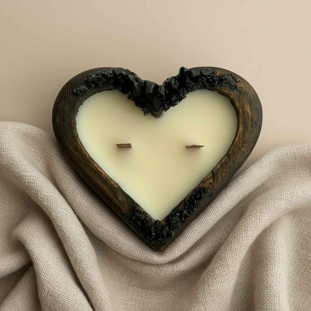 Širdies formos medinė žvakė iš natūralaus sojų vaško su mediniu daktu ir tikrais kristalais