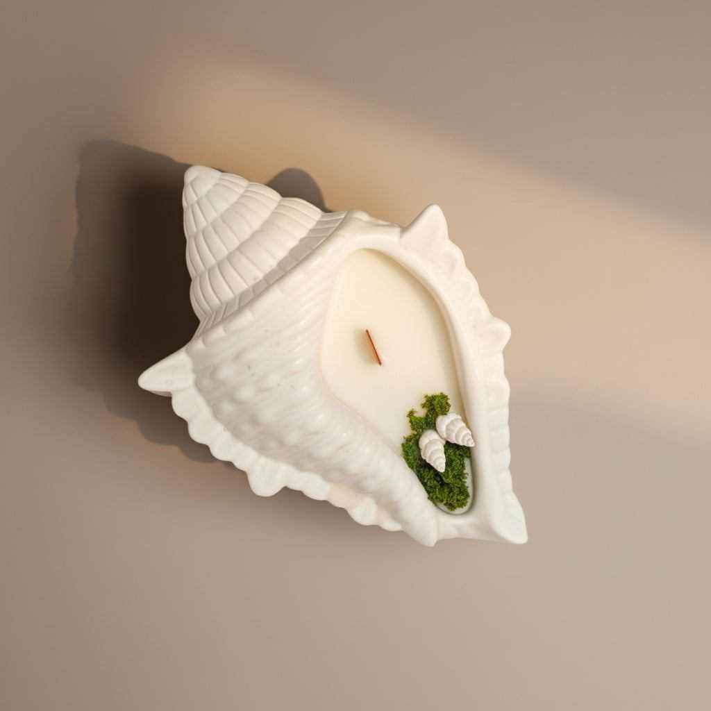 Žvakė „Jūros Žavesys“ formos jūros kriauklės su smulkiais dekoratyviniais elementais ir jaukia atmosfera