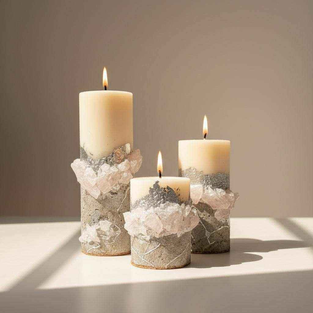 Rankų darbo žvakių rinkinys „Uolos fragmentai“ su betono ir kristalų dekoru, skleidžiantis švelnią ramybę