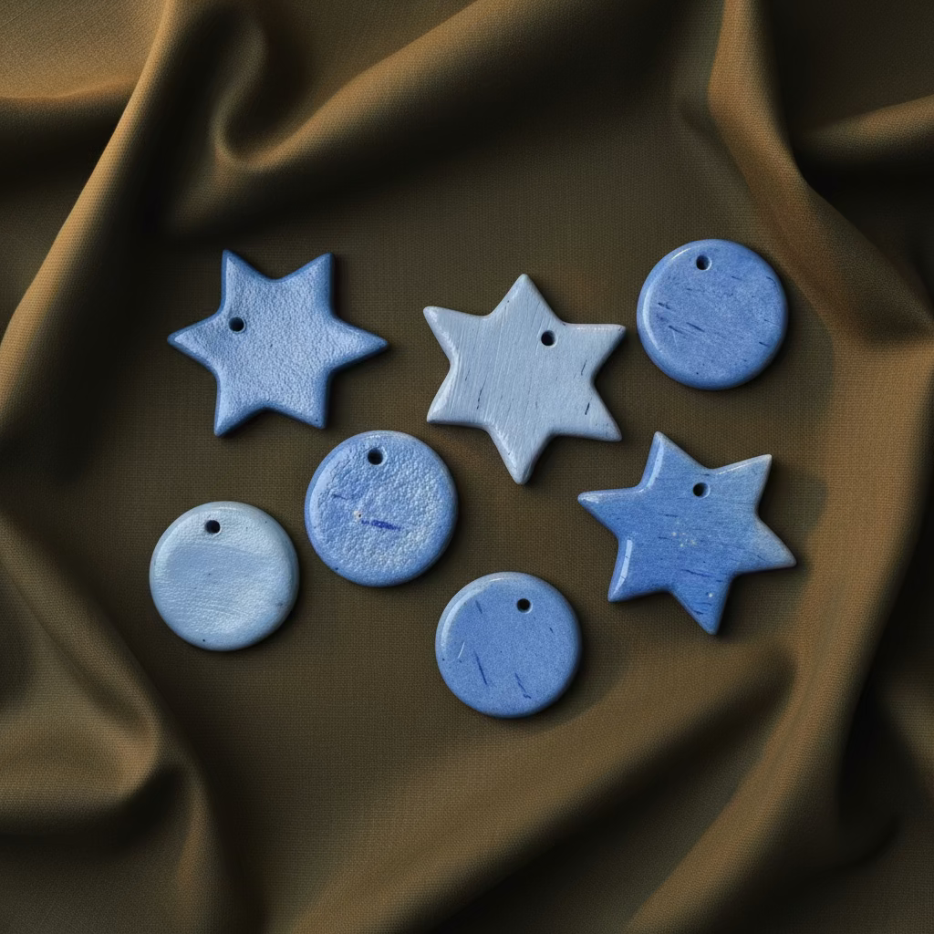 Keraminių eglės žaisliukų rinkinys mėlynos žvaigždės ir apskritimai šventiniam dekorui