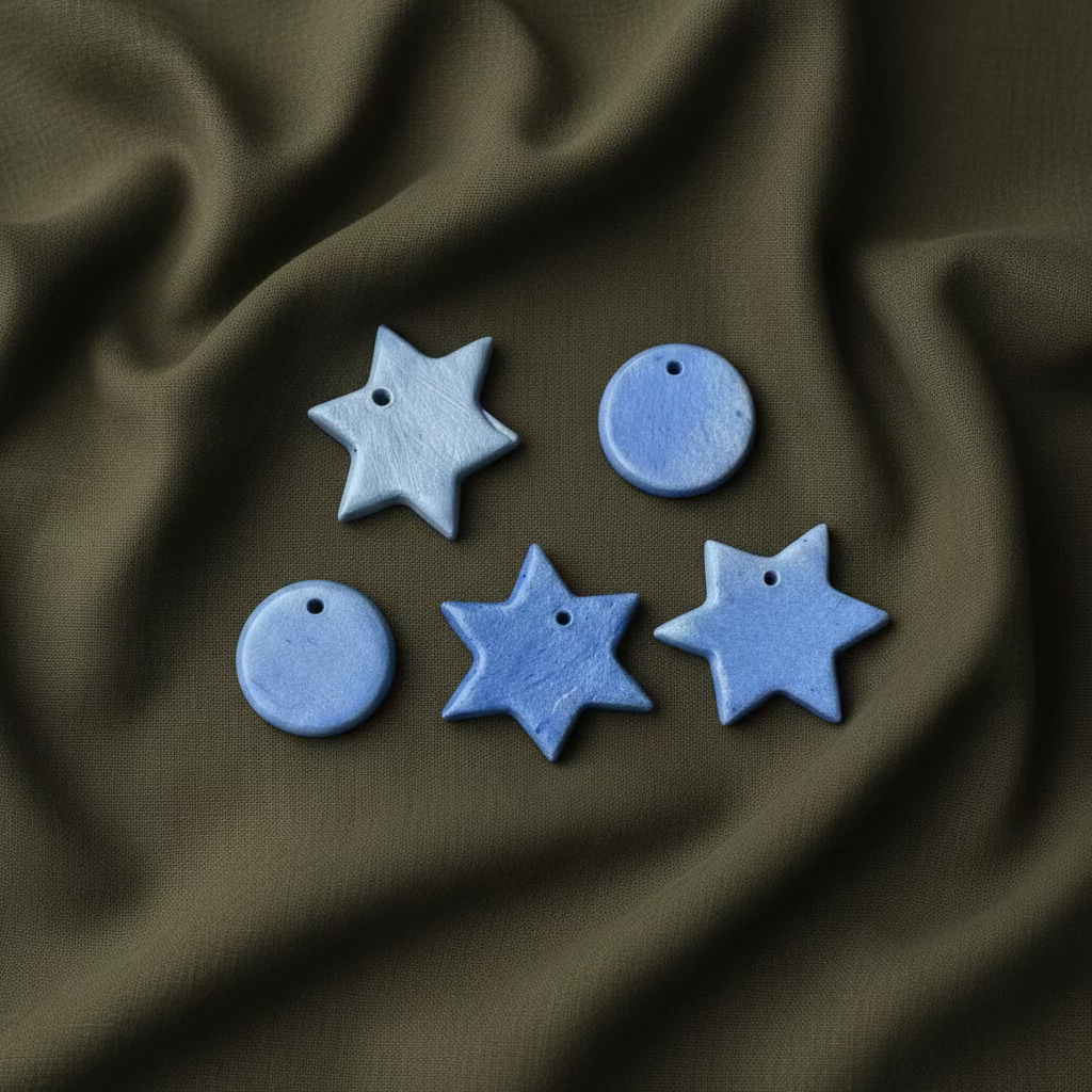 Keraminių eglės žaisliukų rinkinys mėlynos žvaigždės ir apskritimai ant tamsaus fono