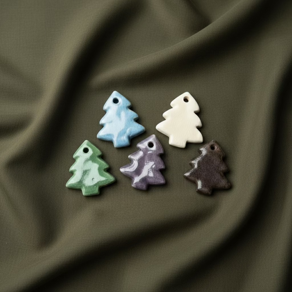 Keramikinių eglės žaisliukų rinkinys su spalvingomis rankų darbo eglutėmis žemiškomis spalvomis