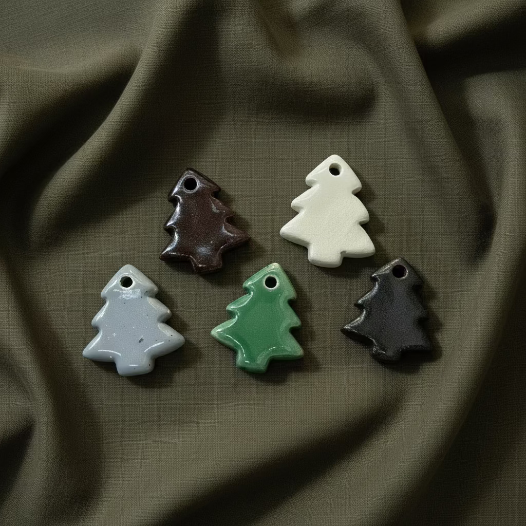 Keramikinių eglės žaisliukų rinkinys su žemės spalvų eglutėmis ant tamsaus audinio