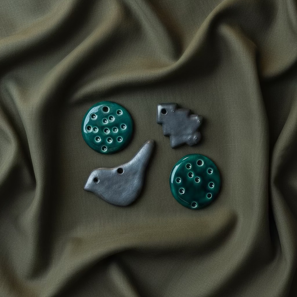 Keramikinių eglės žaisliukų rinkinys su paukšteliu, medeliu ir apskritimais reljefu ant žalios audinio fono