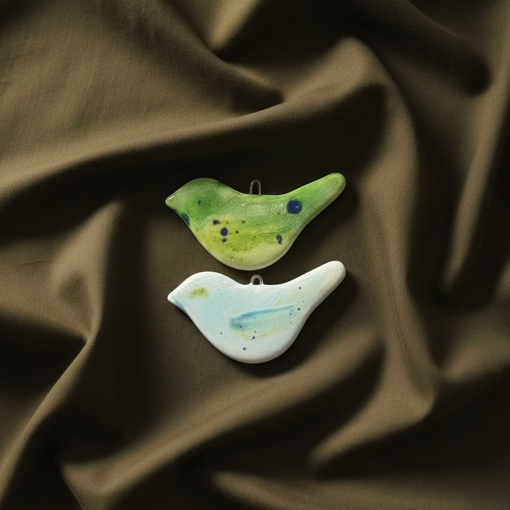 Keraminių eglės žaisliukų rinkinys su paukščių formos švelniomis spalvomis