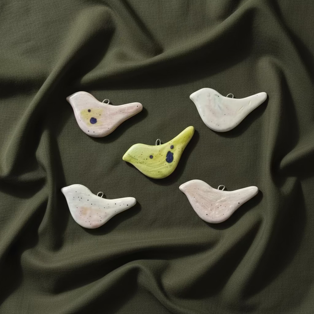 Keraminių eglės žaisliukų rinkinys paukščių formos pastelinių spalvų rankų darbo