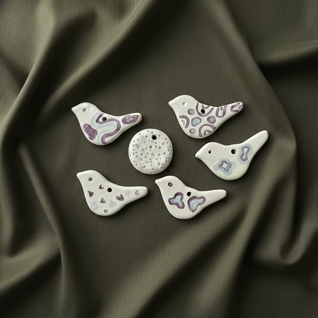 Keraminių eglės žaisliukų rinkinys „Paukščių giesmė“ su paukščių formos žaisliukais pastelinių spalvų