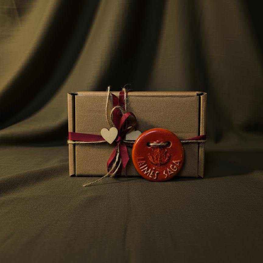 Keraminė „Laimės sagos“ - rankų darbo dovanų dekoras ant dovanų dėžutės