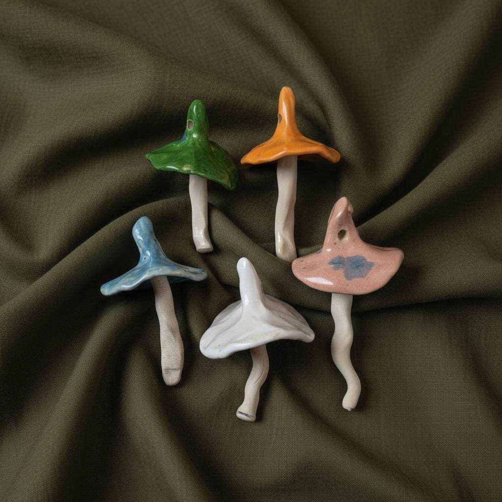 Keraminių eglės žaisliukų rinkinys grybukai skirtingų spalvų rankų darbo kalėdiniai žaislai