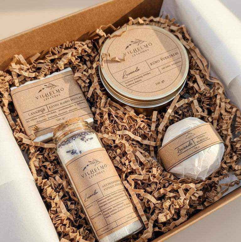 Vilhelmo levandų dovanų rinkinys su natūralia rankų darbo kosmetika ir levandų aromatu