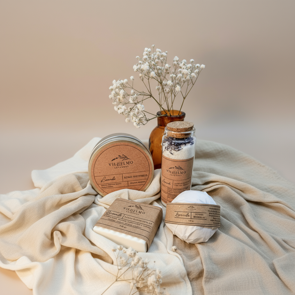 Vilhelmo levandų dovanų rinkinys su rankų darbo natūralia kosmetika ir aromaterapine levandų vonios druska