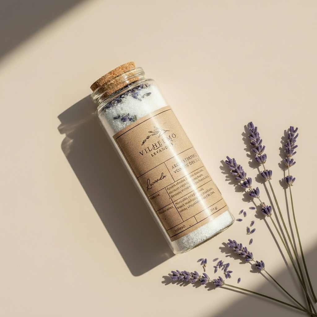 Aromaterapinė vonios druska Levanda su natūraliu levandų aliejumi ir žiedais, drėkinanti ir raminanti odą