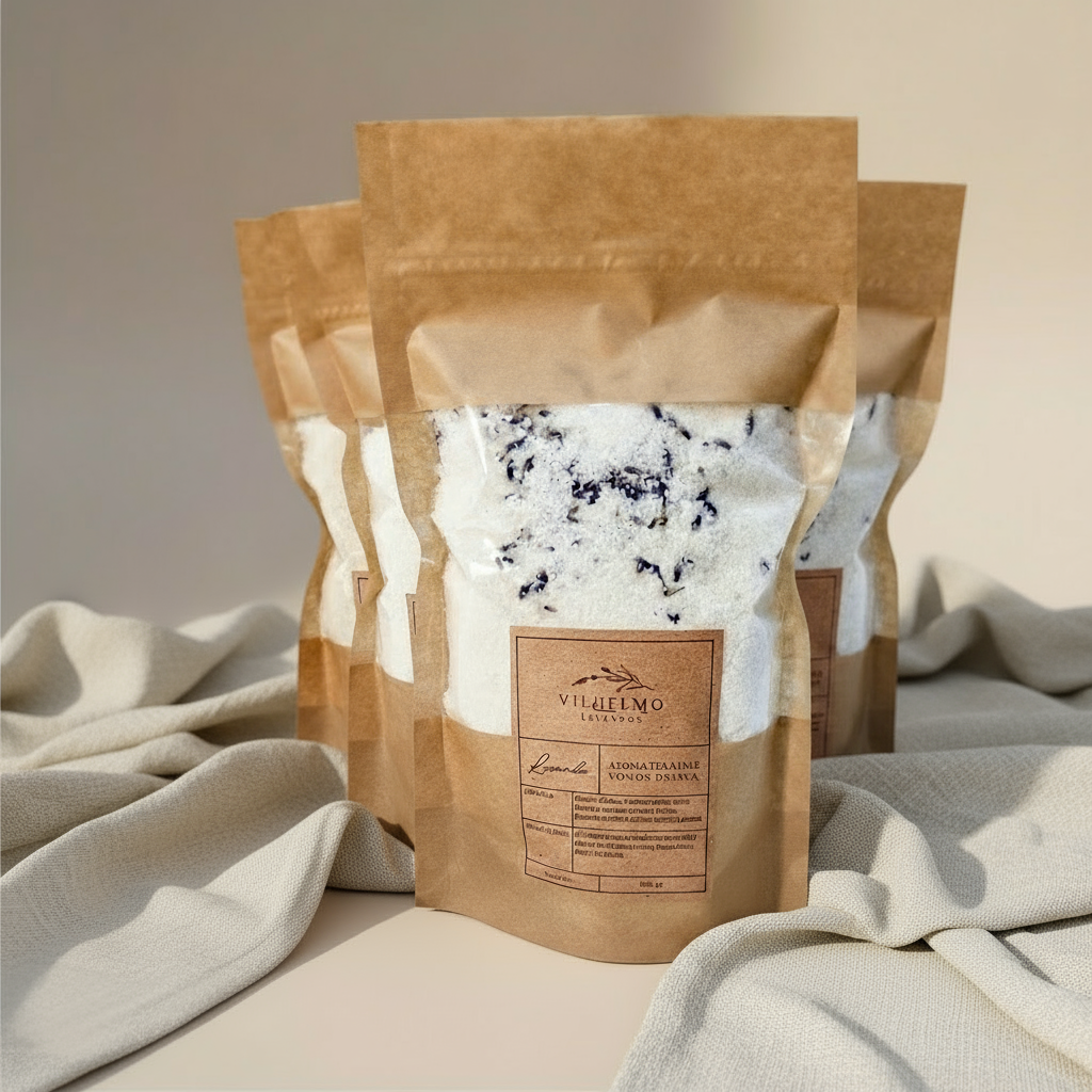 Aromaterapinė vonios druska „Levanda“ su natūraliu levandų aliejumi ir žiedais ekologiškame pakuotėje