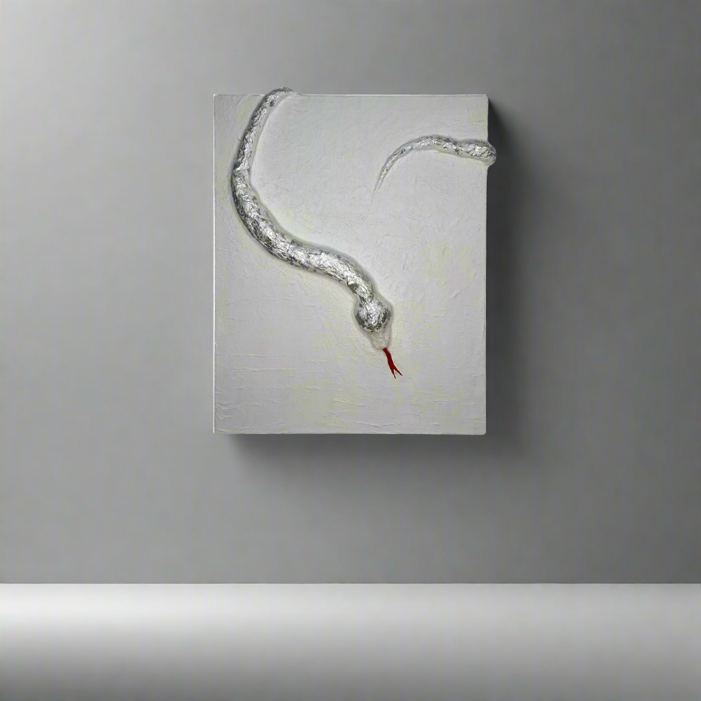 Tekstūrinis paveikslas su išlenkta gyvatės forma ir judesio iliuzija