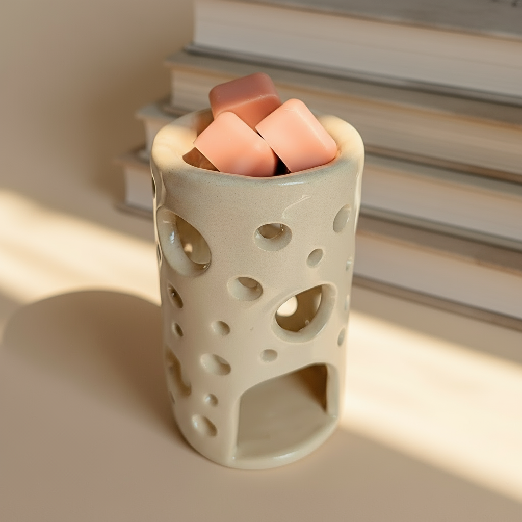 Keraminė šildyklė „Mėnulio langai“ su skylutėmis, eterinių aliejų tirpikliams, rankų darbo, mėnulio paviršiaus įkvėpta dizaino.