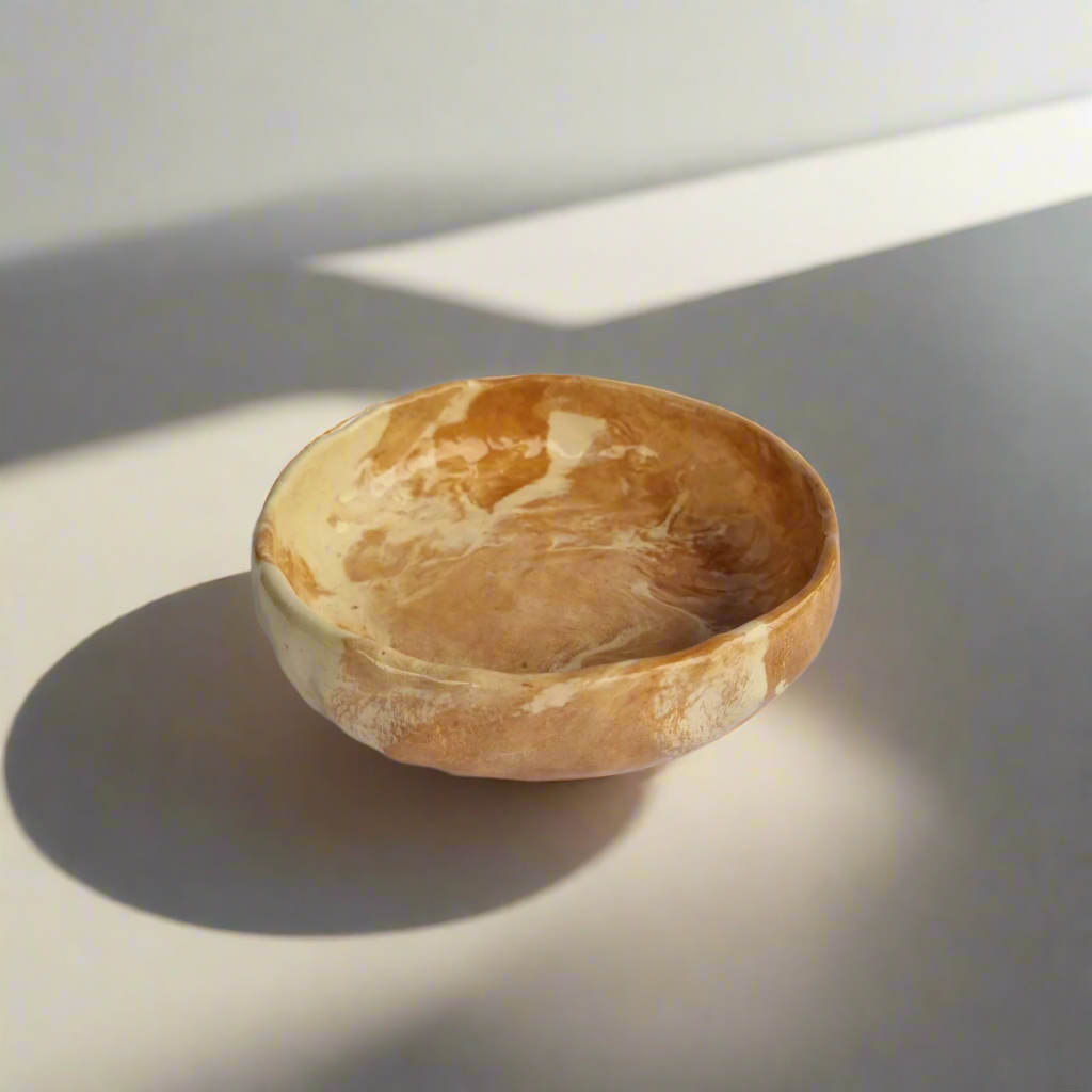 Marmurinis dubenėlis iš balto ir raudono molio su subtiliu marmuro raštu, minimalistinio dizaino.