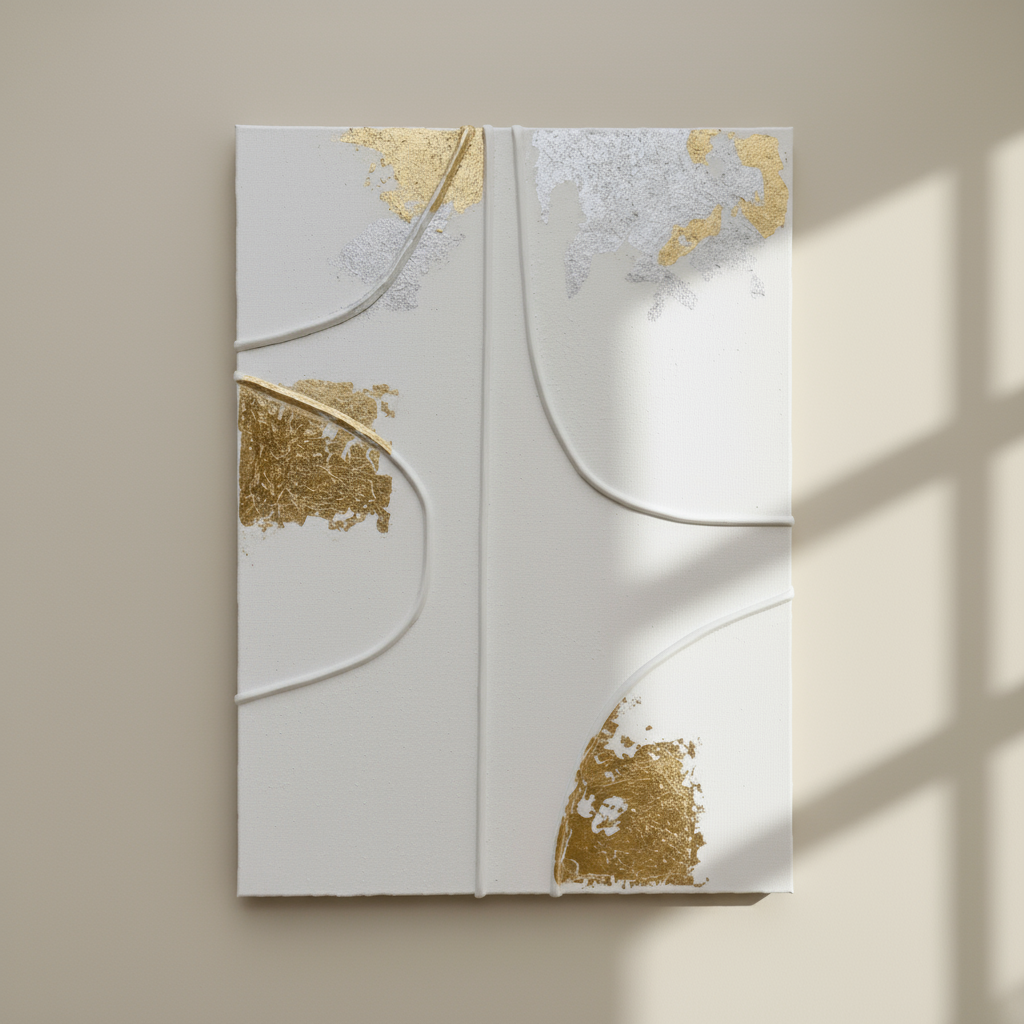 Paveikslas Aukso ir Sidabro Pasakojimas su subtiliomis kreivėmis ir aukso sidabro spalvų sluoksniais