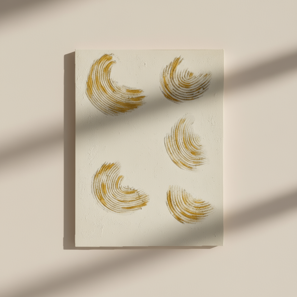 Paveikslas "Akimirkos atspaudai" su šiltais, abstrakčiais reljefiniais raštais ir tekstūra.