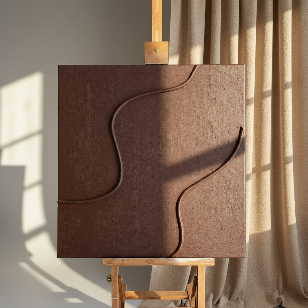 Rudas paveikslas „Rudasis dialogas“ su abstrakčiomis linijomis simbolizuojantis laisvę ir bendravimą