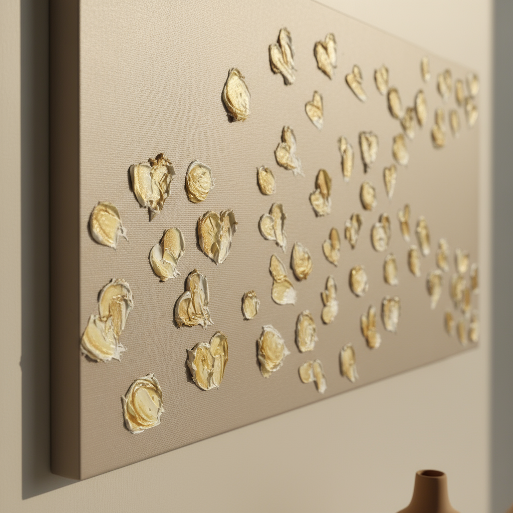 Paveikslas Pavasario šokis su reljefinėmis auksinėmis gėlėmis ant smėlio spalvos fono, skirtas moderniam ir klasikiniam interjerui.
